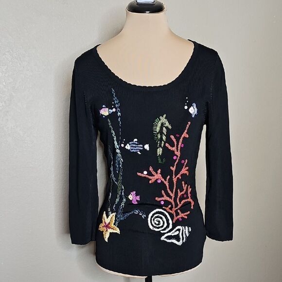 Vintage Sweaters - Vintage Beaded Under The Sea Sweaterworks Black Knit Scoop Neck Sweater Small